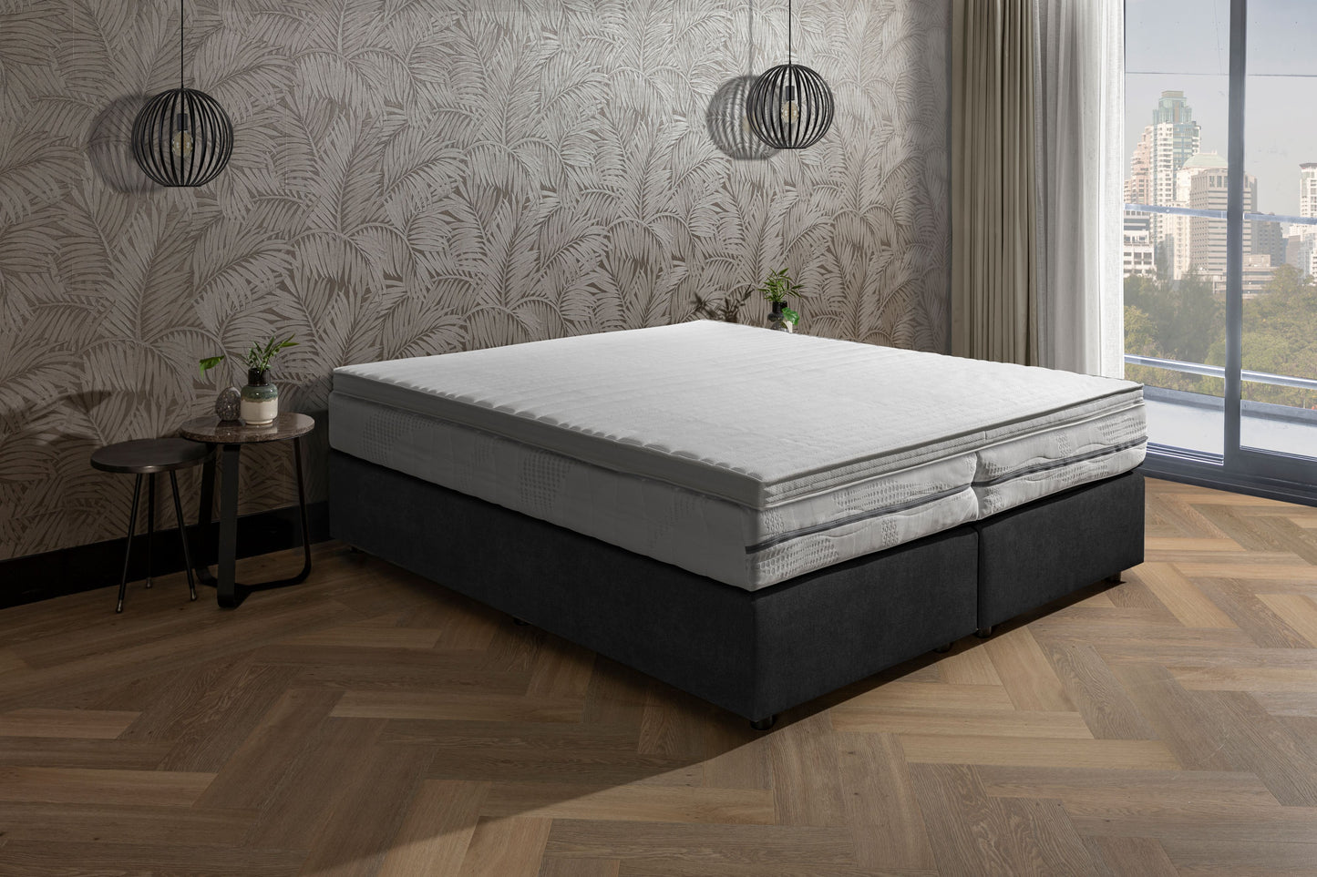 Van der Valk bed Luxury Stof Zwart. Inclusief 7-zone pocketveren matras en topper.
