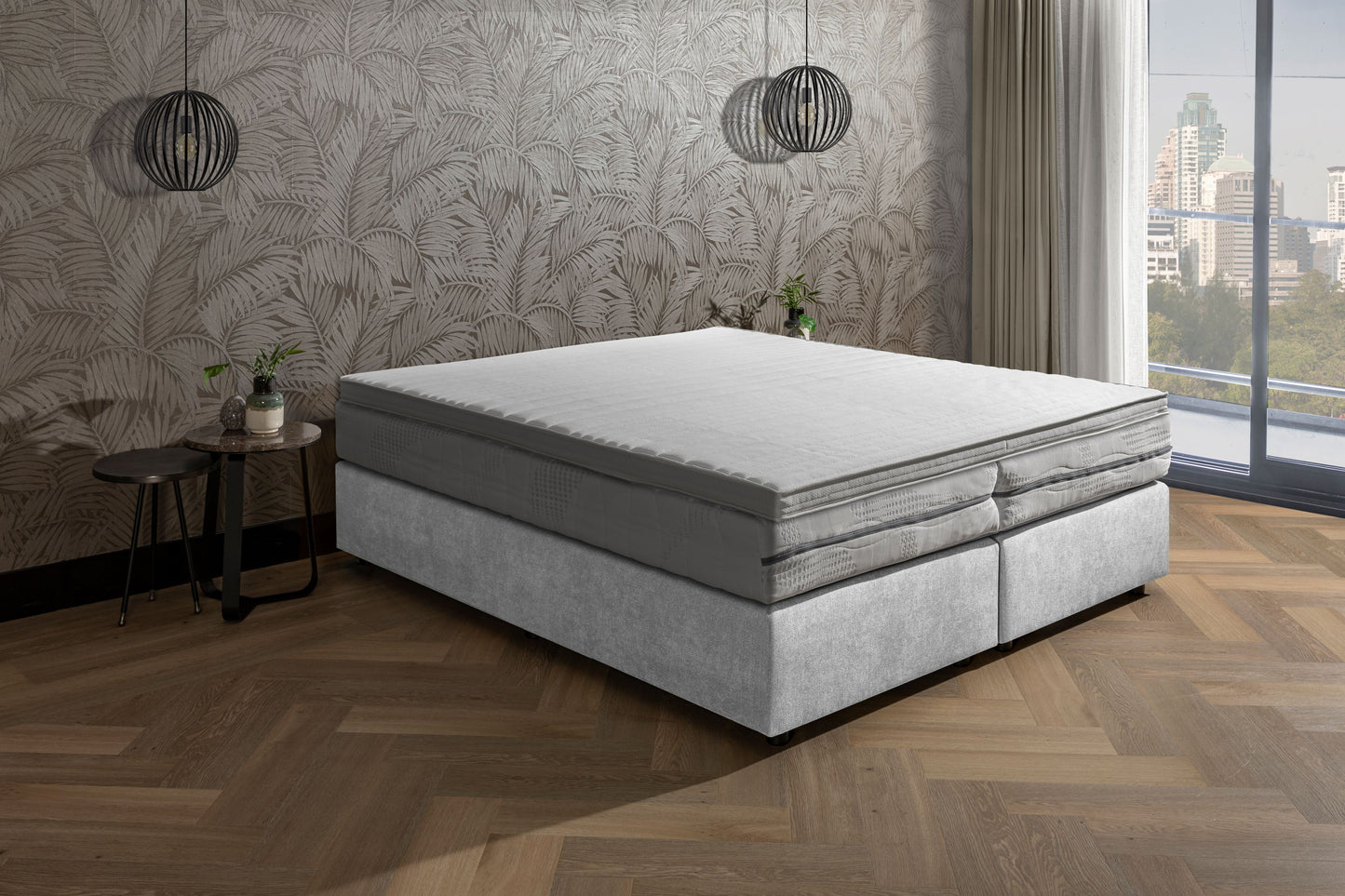 Van der Valk bed Luxury Stof Licht Grijs. Inclusief 7-zone pocketveren matras en topper.