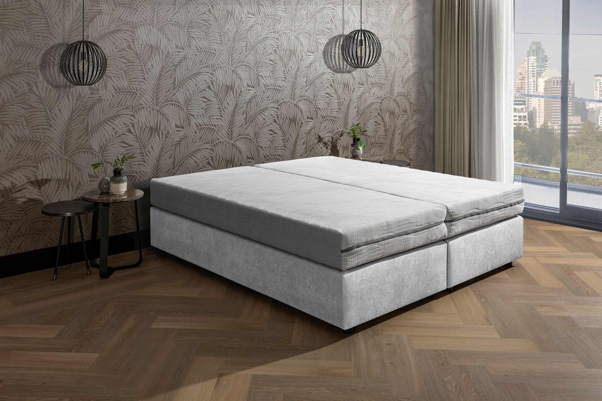 Van der Valk bed Comfort Stof Licht Grijs. Inclusief 7-zone pocketveren matras.
