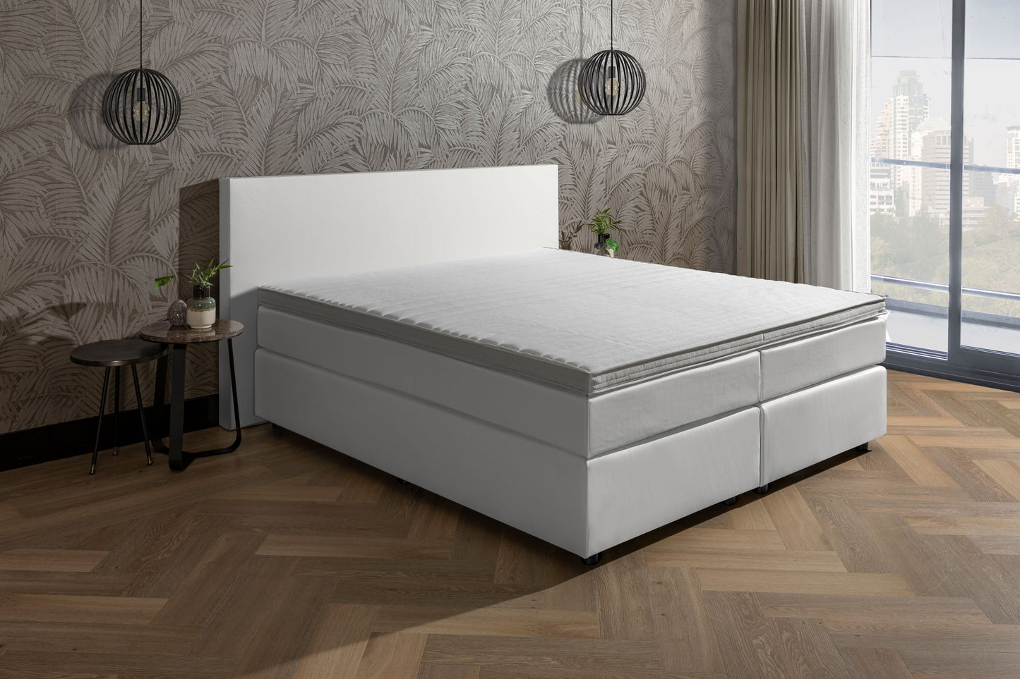 Van der Valk Bed Suite Skaileer Wit. Inclusief hoofdbord, topper en gestoffeerd matras.